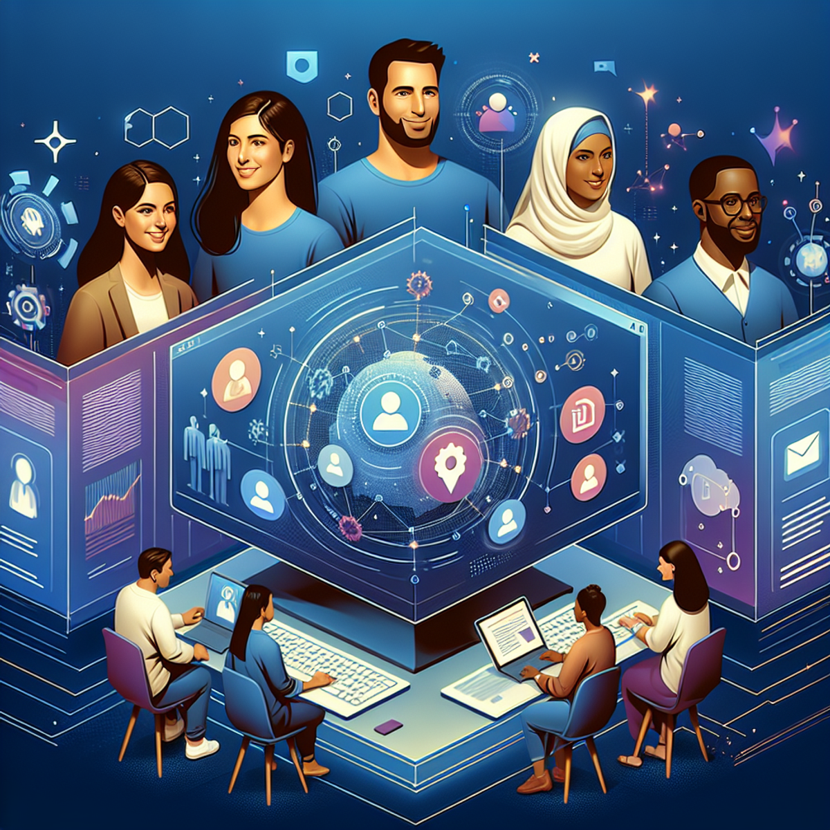 A diverse group of people working together on a futuristic digital platform filled with abstract symbols representing data analysis, customer engagement, and networking.