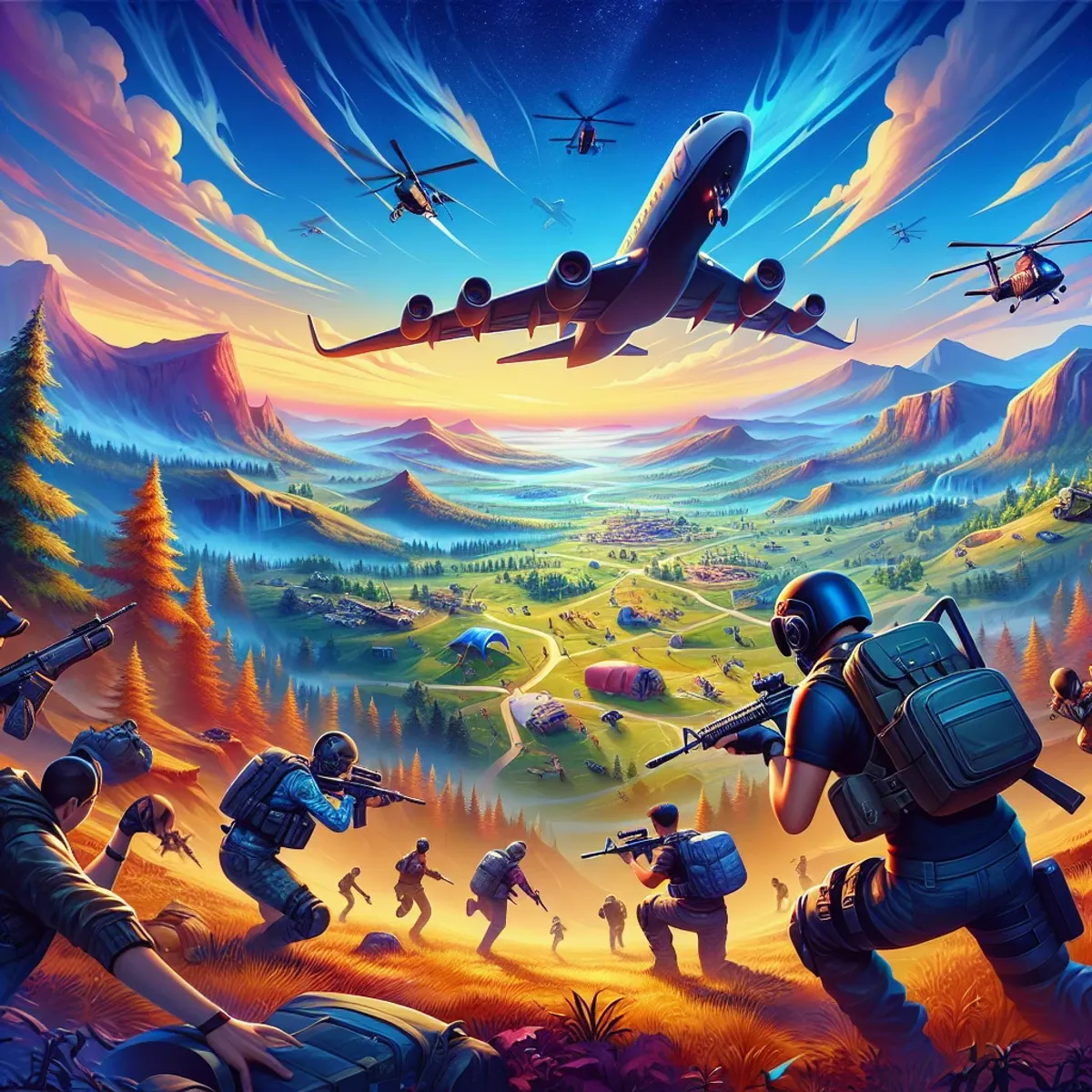Aerial view of a battle royale game with players parachuting into a vibrant wilderness, wielding unique weapons, and a newly updated map in the distance.