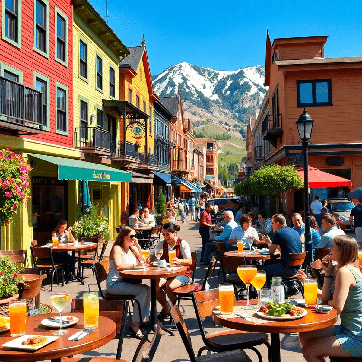 Outdoor summer dining on Main Street, Breckenridge, with colorful Victorian buildings, Rocky Mountains backdrop, tables of fresh dishes, cocktails, and happy diners.