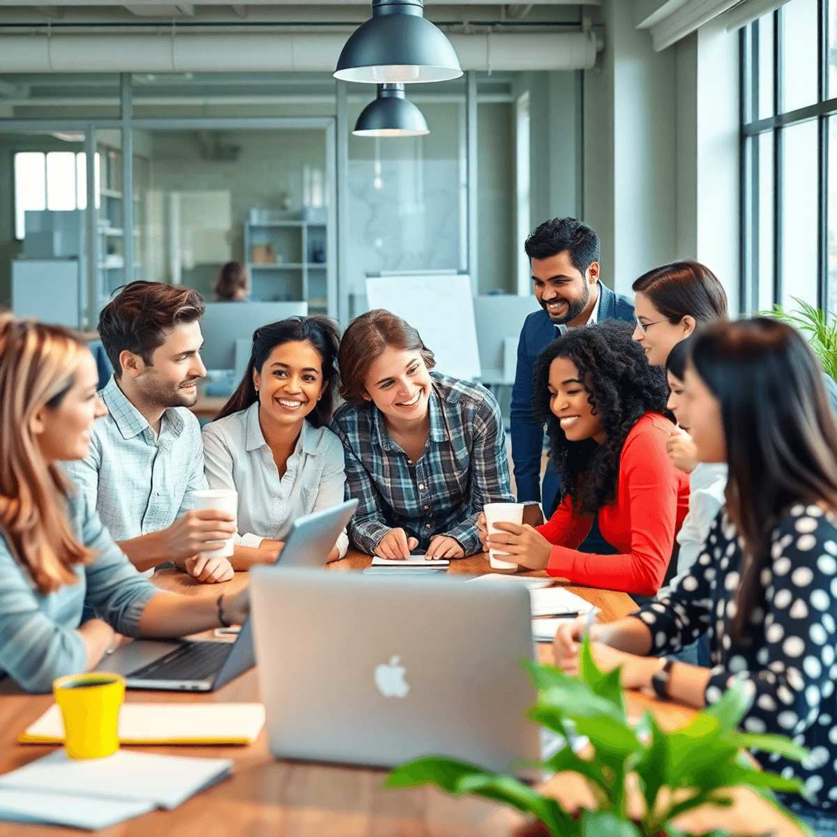 A diverse group of content marketers collaborating in a bright workspace, surrounded by laptops, notepads, and coffee cups, exuding motivation and teamwork.