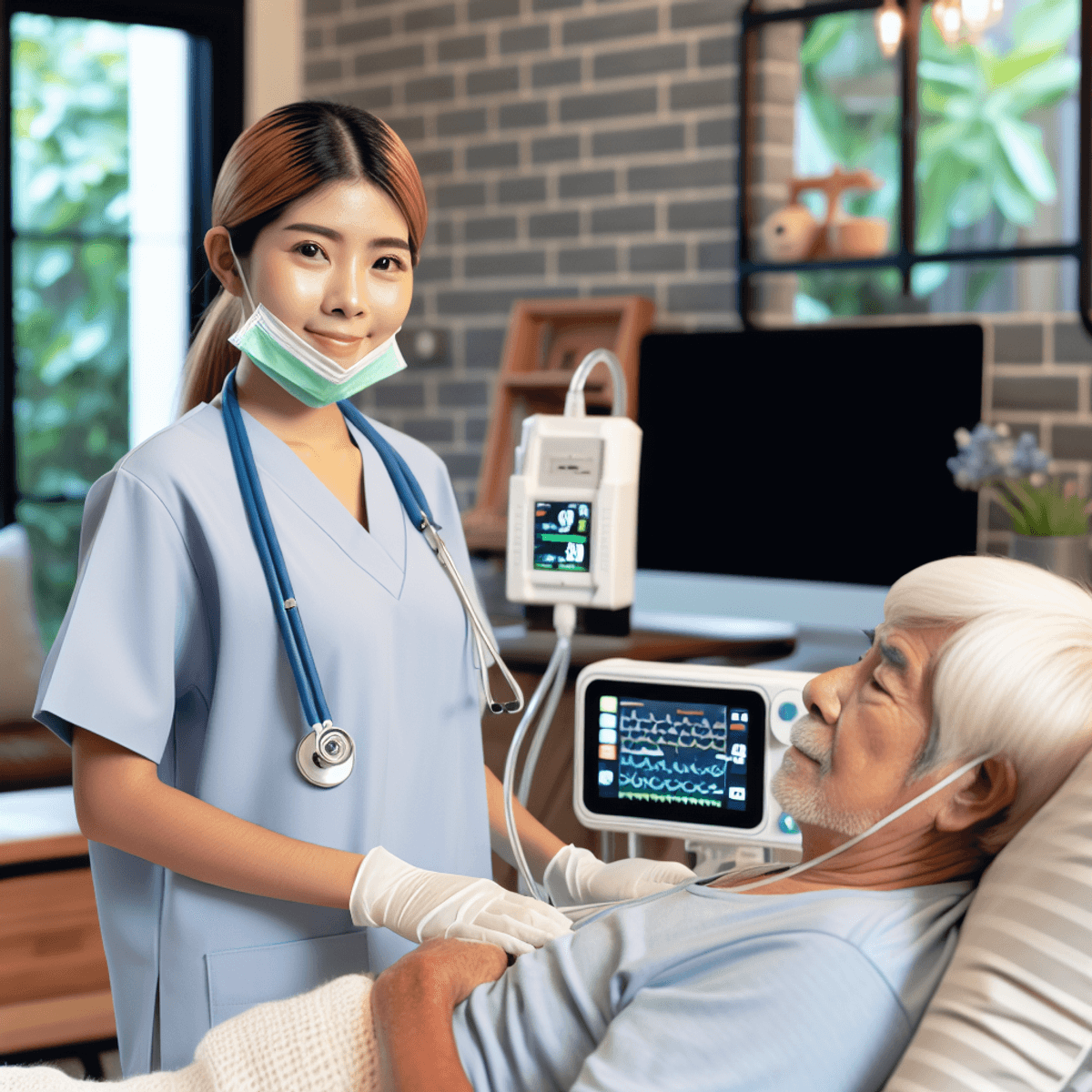 A focused Asian nurse in scrubs attentively monitors a Caucasian patient lying comfortably on a couch in a cozy living room. The nurse is using advanced medical equipment, such as a portable vital signs monitor, while the patient appears relaxed and reassured. The room is warmly lit, decorated with personal touches like family photos and plants, creating an inviting atmosphere that reflects the essence of home-based healthcare.