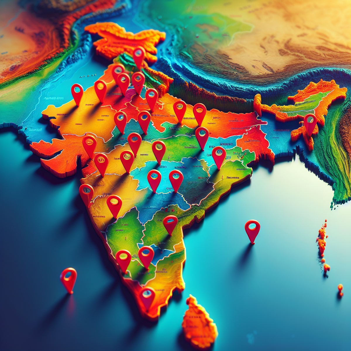 A map of India with vibrant colors and symbolic location pins.