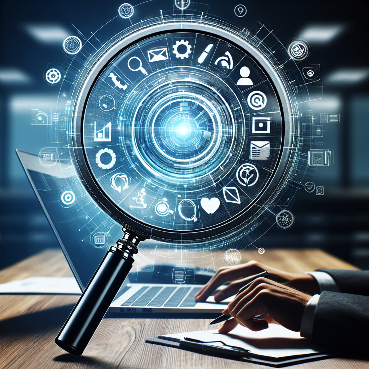 A large magnifying glass hovers over a computer screen, symbolizing lead generation through targeted prospect search using technology.