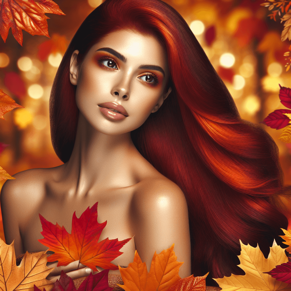 A Hispanic woman with vibrant copper-red hair stands confidently among a blanket of colorful autumn leaves in shades of amber, crimson, and gold. The warm hues of the surrounding foliage complement her striking hair, creating a picturesque fall scene that captures the beauty of the season.