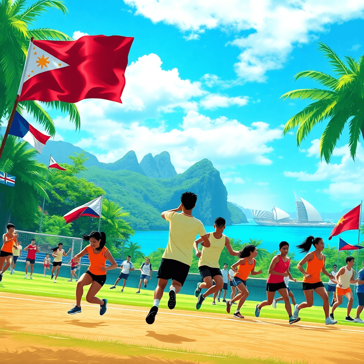 A vibrant digital art scene of a sports event in a tropical setting, featuring student-athletes competing with unity symbols like flags and banners amidst lush greenery and iconic landmarks.