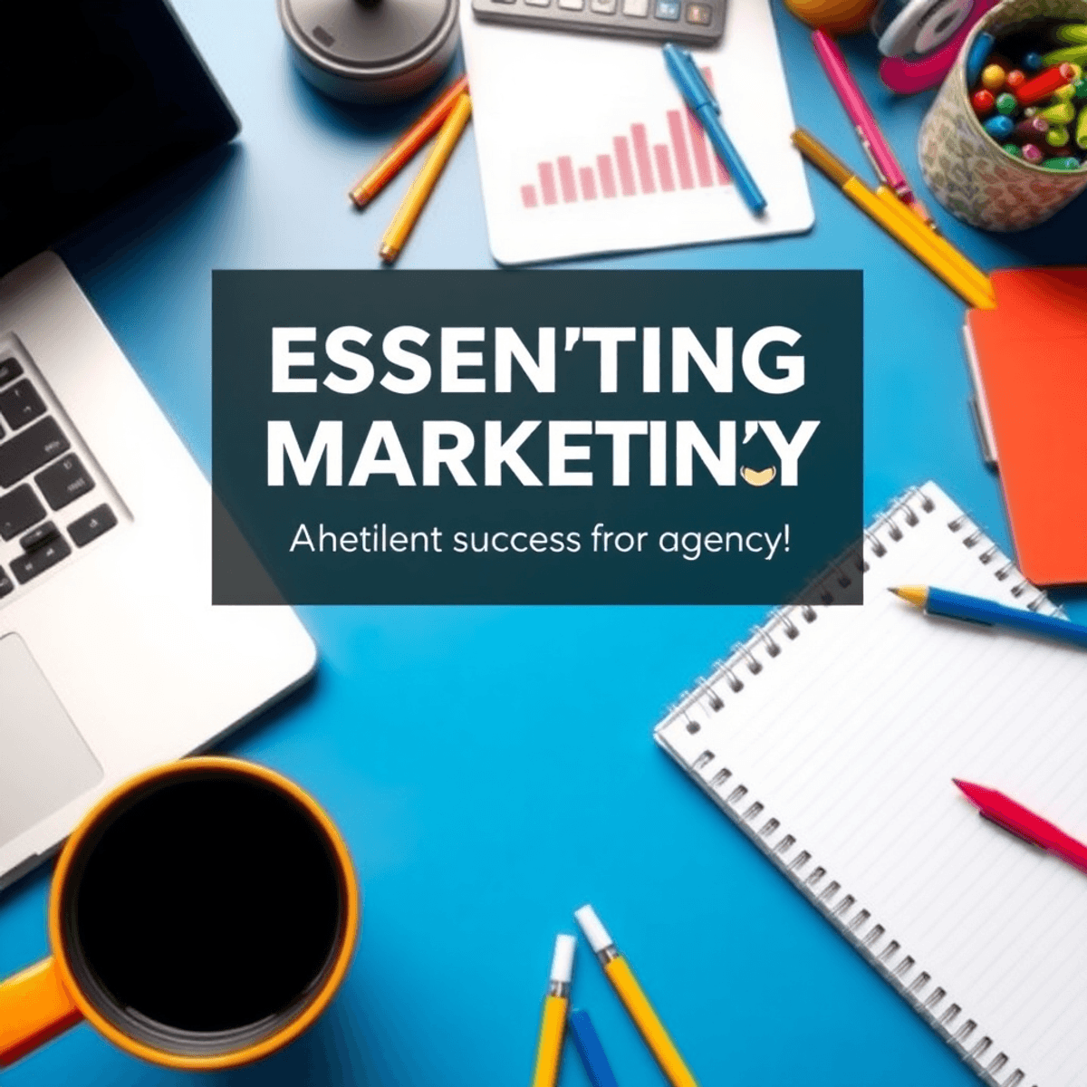 A colorful workspace with a laptop, notepad, and creative tools like pens, alongside social media icons and graphs, illustrating productivity in a marketing agency.