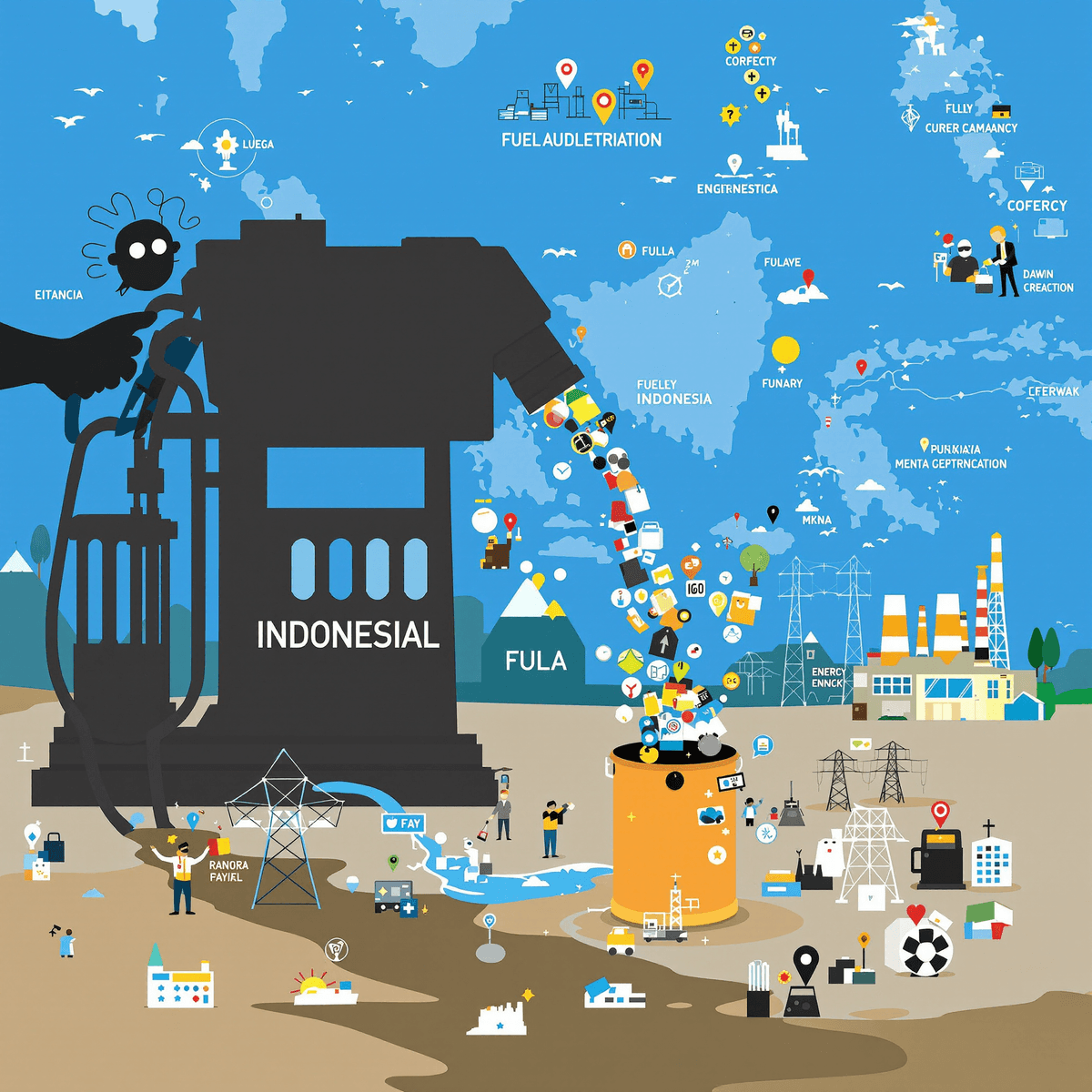 Sebuah ilustrasi pompa bahan bakar besar dengan sosok bayangan yang menuangkan berbagai jenis bahan bakar ke dalamnya, dikelilingi oleh peta Indonesia dengan ikon energi.