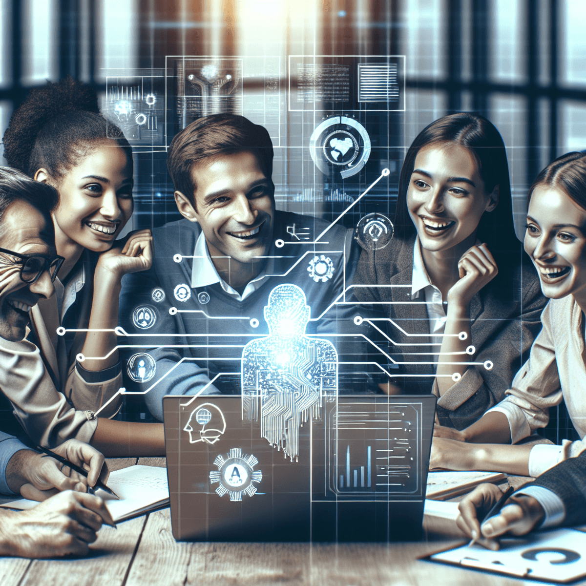 A diverse group of three individuals—Caucasian, Asian, and Hispanic—gathered around a laptop on a table in a bright, modern workspace. They are animatedly discussing technology and artificial intelligence, with expressions of enthusiasm and curiosity. The laptop screen displays colorful visual diagrams, including charts and graphs that suggest data analysis and technological progress, but no text is visible. The background features collaborative elements like sticky notes and digital tools, emphasizing the theme of teamwork and innovation.