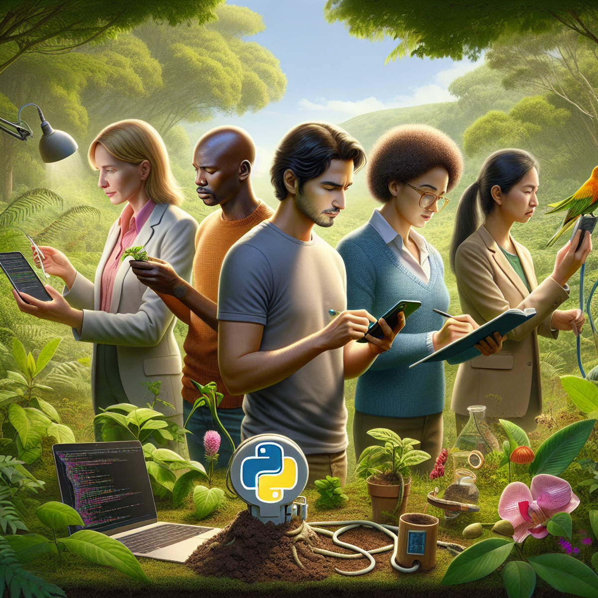 A diverse group of people working together in nature, using technology and tools to study the environment.