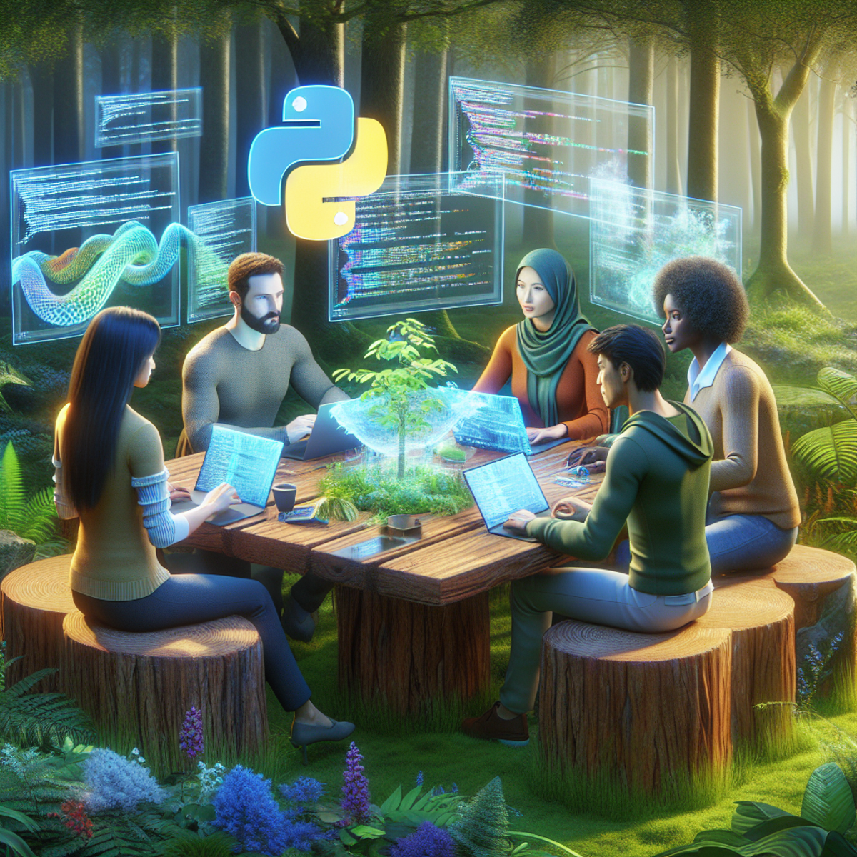 A diverse group of people collaborating on a Python programming project in a nature-meets-technology setting.