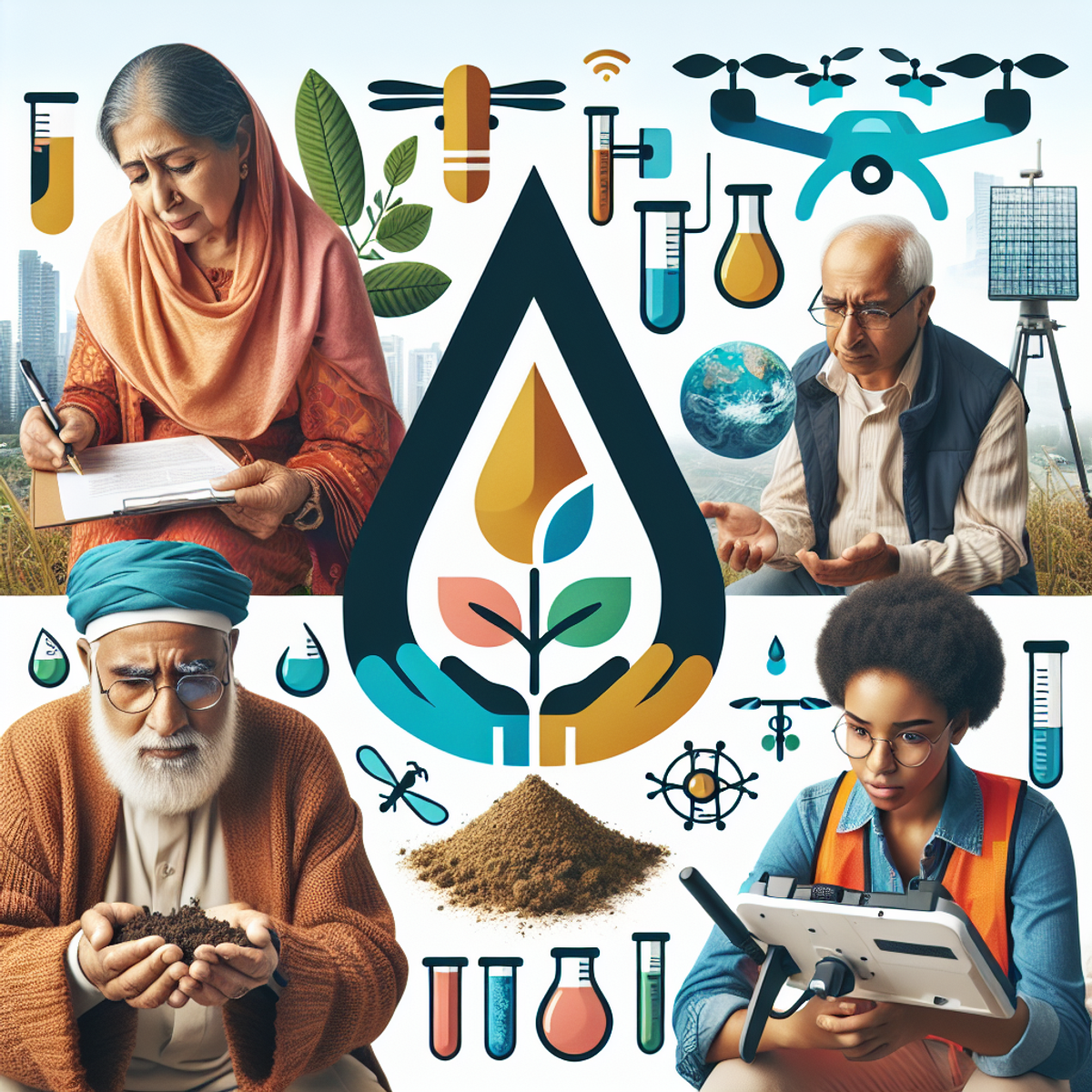 A South Asian woman reviewing a soil sample, an elderly Middle-Eastern man holding a test tube with a water sample, a young Black woman operating a drone for aerial surveillance and a Caucasian teenager engaging with a handheld weather station.