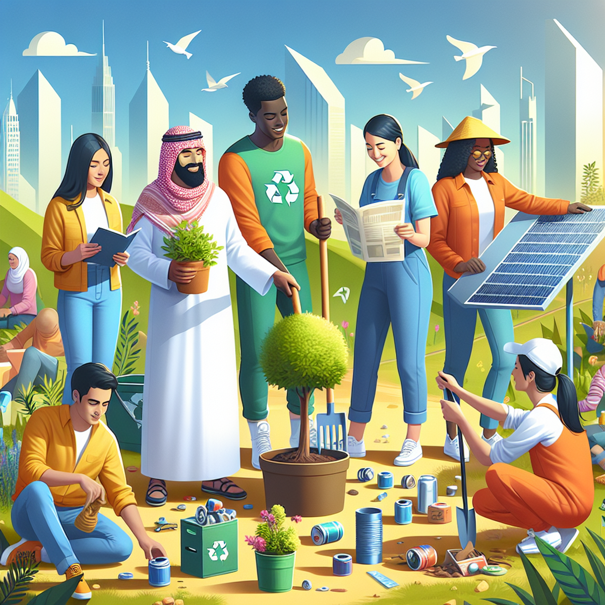 A diverse group of people working together to protect the environment through various activities such as planting trees, recycling, and installing solar panels.