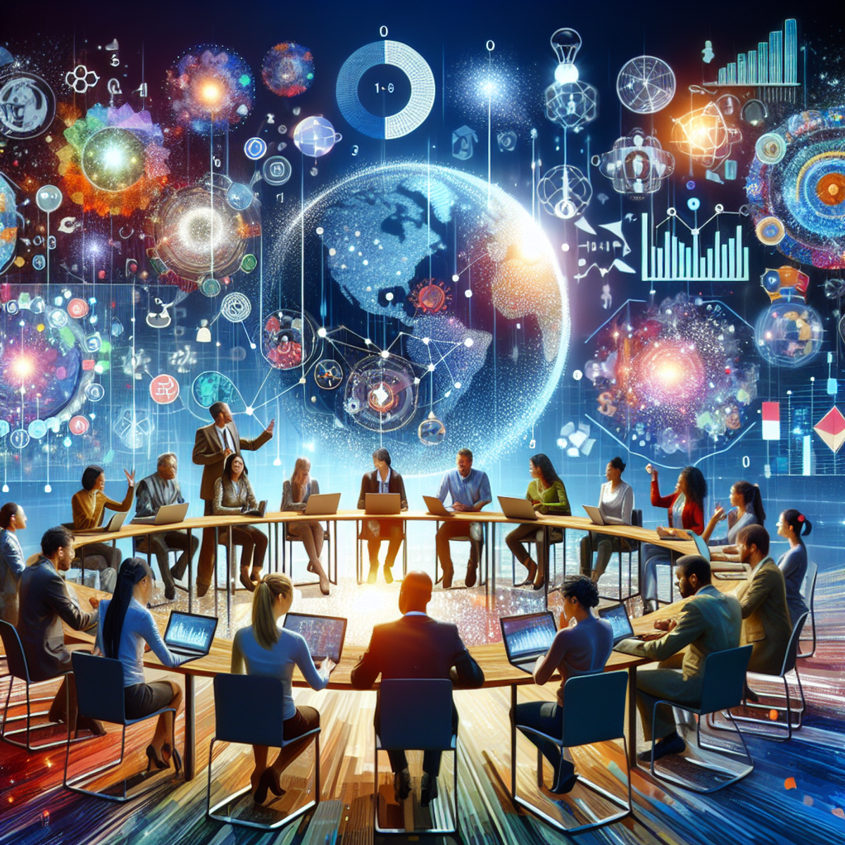 A diverse group of individuals engaged in data sharing and collaboration through vibrant visuals.