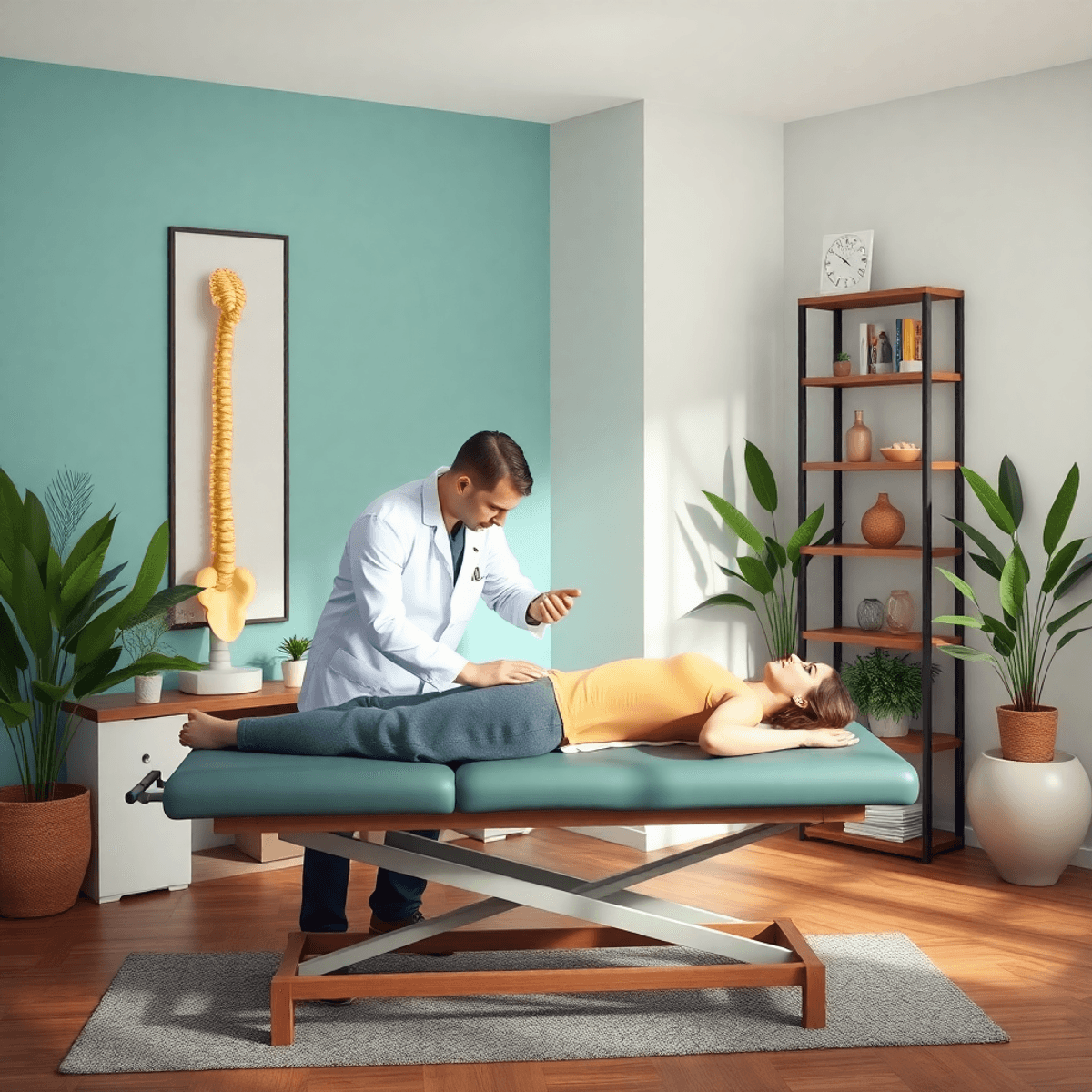 A chiropractor gently adjusts a patient's spine on a treatment table in a calming clinic, surrounded by plants, wellness elements, and soothing colors.
