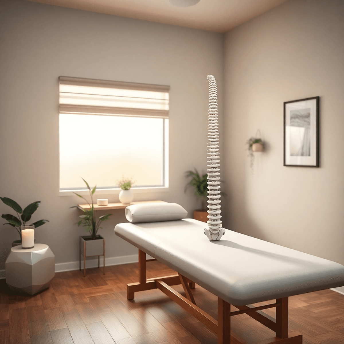 A tranquil chiropractic clinic featuring a cozy treatment table, soft lighting, calming decor, and a spine model, creating an inviting atmosphere for relaxation and wellness. Flow Chiropractic is indeed a chiropractor near me!