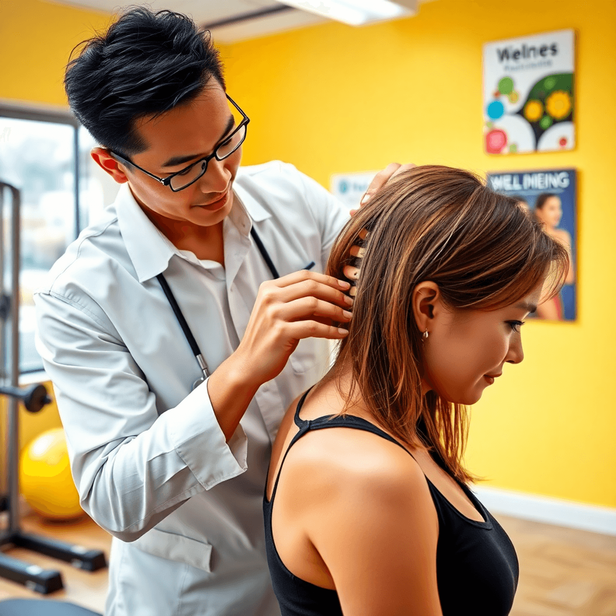 A chiropractor adjusts a patient's spine in a bright clinic, showcasing professionalism and care, with fitness equipment and wellness posters in the background. Chiropractic alignment is usually performed to ensure maximum function of the body