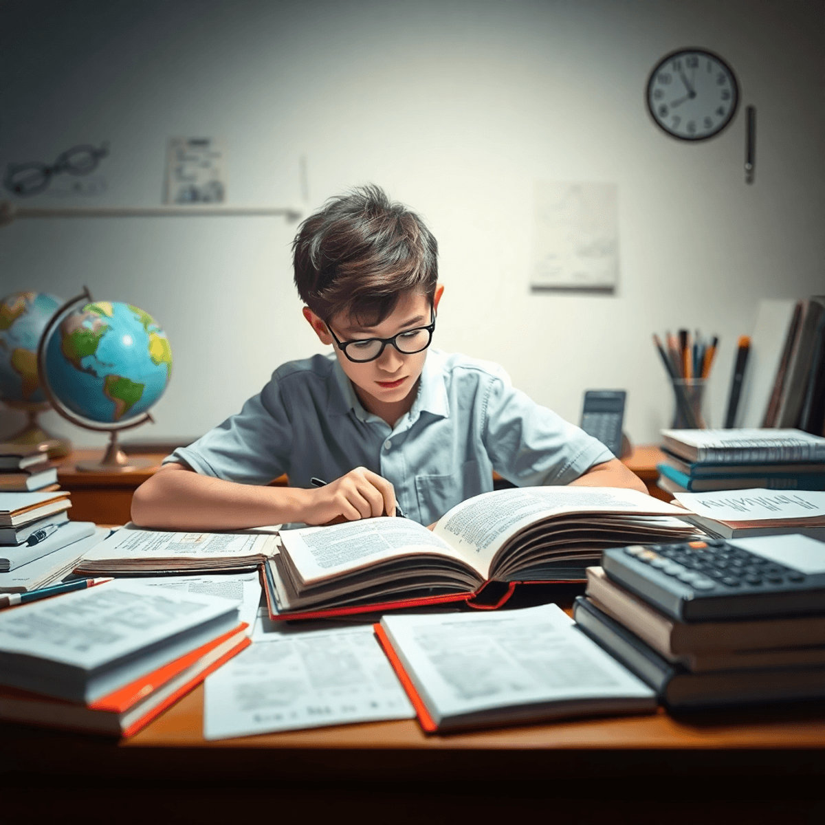 एक छात्र जो डेस्क पर किताबों और नोट्स के साथ पढ़ाई कर रहा है, एक पाठ्यपुस्तक पर ध्यान केंद्रित किए हुए है, उसके चारों ओर एक ग्लोब, कैलकुलेटर और स्टेशनरी है, और नरम रोशनी में है।