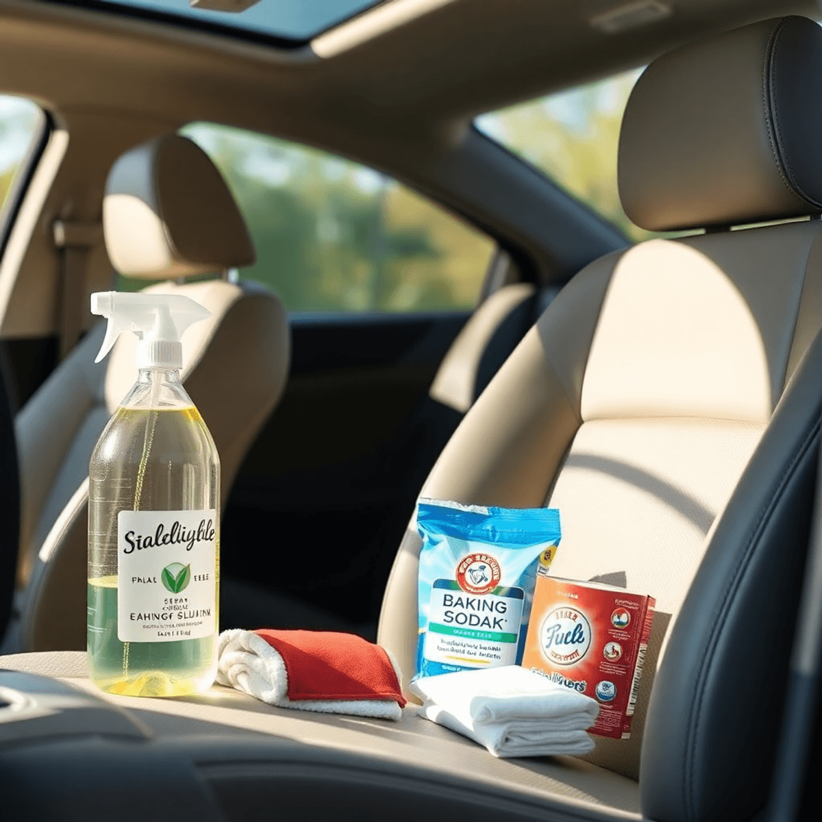 A clean car interior featuring fresh seats, a bottle of homemade cleaning solution, baking soda, and dryer sheets, illuminated by bright lighting.