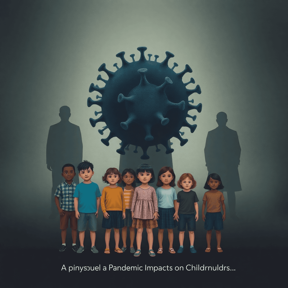 Dark abstract virus looming over children with shadowy authority figures in background, using muted colors to evoke tension and vulnerability.