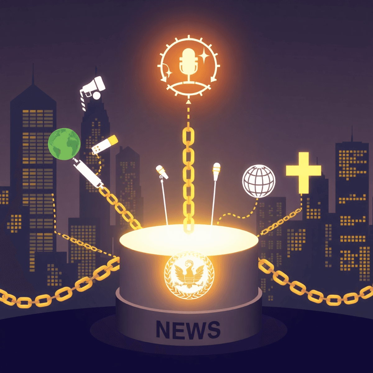 Glowing pedestal with media icons linked by golden chains to global health symbols against a dark cityscape backdrop.