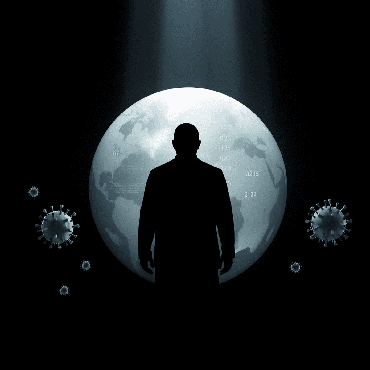 Shadowy figure behind translucent globe with digital patterns and virus silhouettes, dark background with subtle light beams, symbolizing hidden control and resistance.