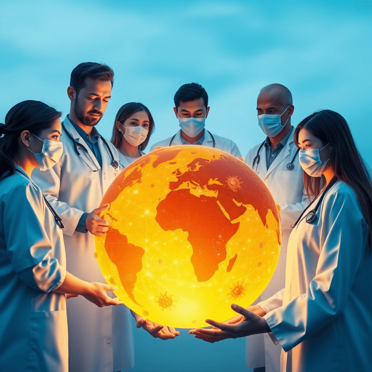 Healthcare professionals collaborating around a glowing globe with digital virus particles and interconnected lines, set against a calm blue sky symbolizing unity and hope.