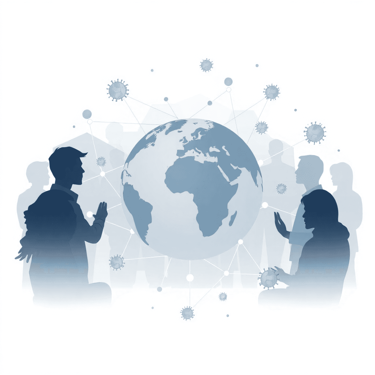 Globe surrounded by interconnected abstract shapes and virus particles, with faint silhouettes of people collaborating in the background.