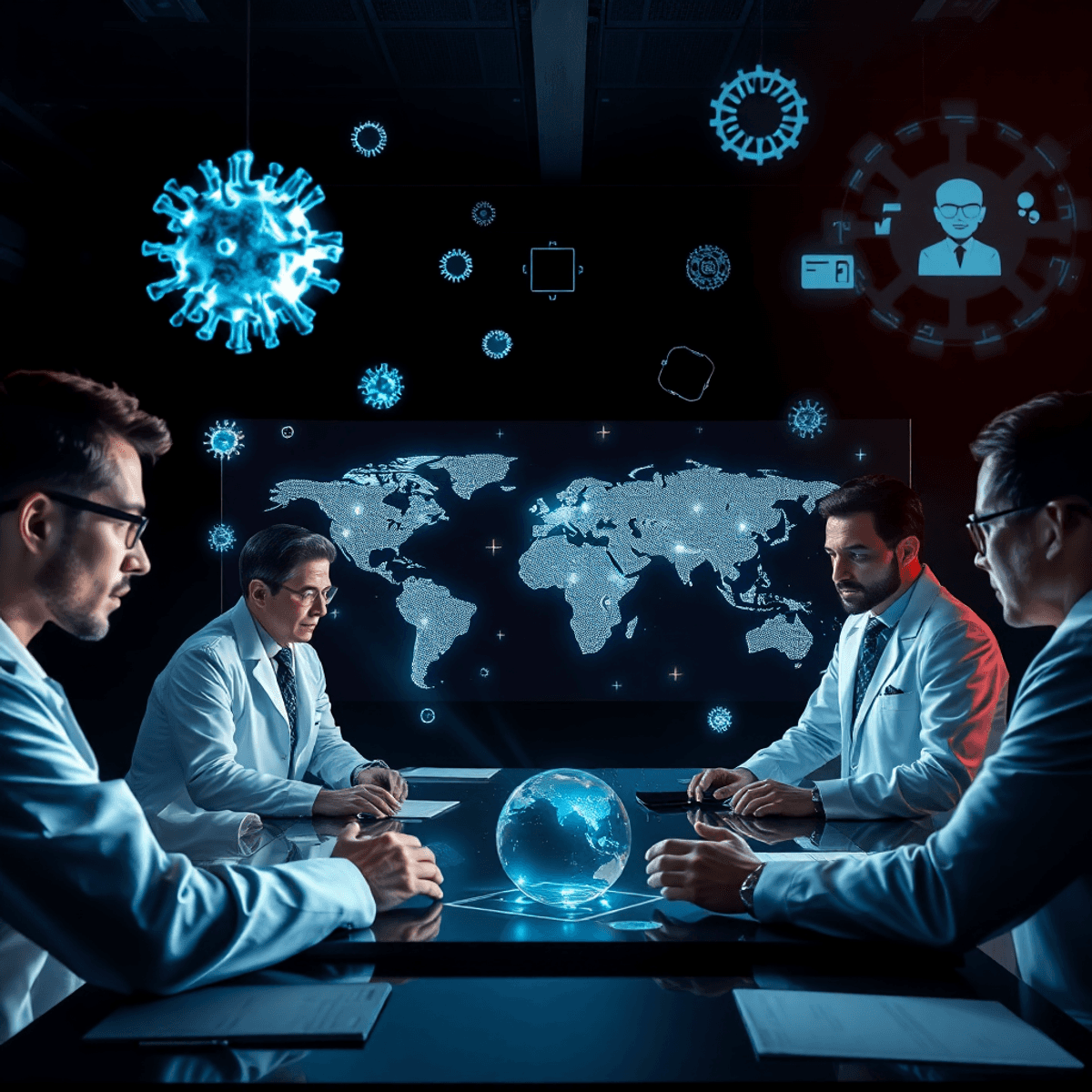 Scientists and officials in a futuristic pandemic simulation room analyze holographic virus models and glowing world maps amid floating health, finance, and crisis icons.