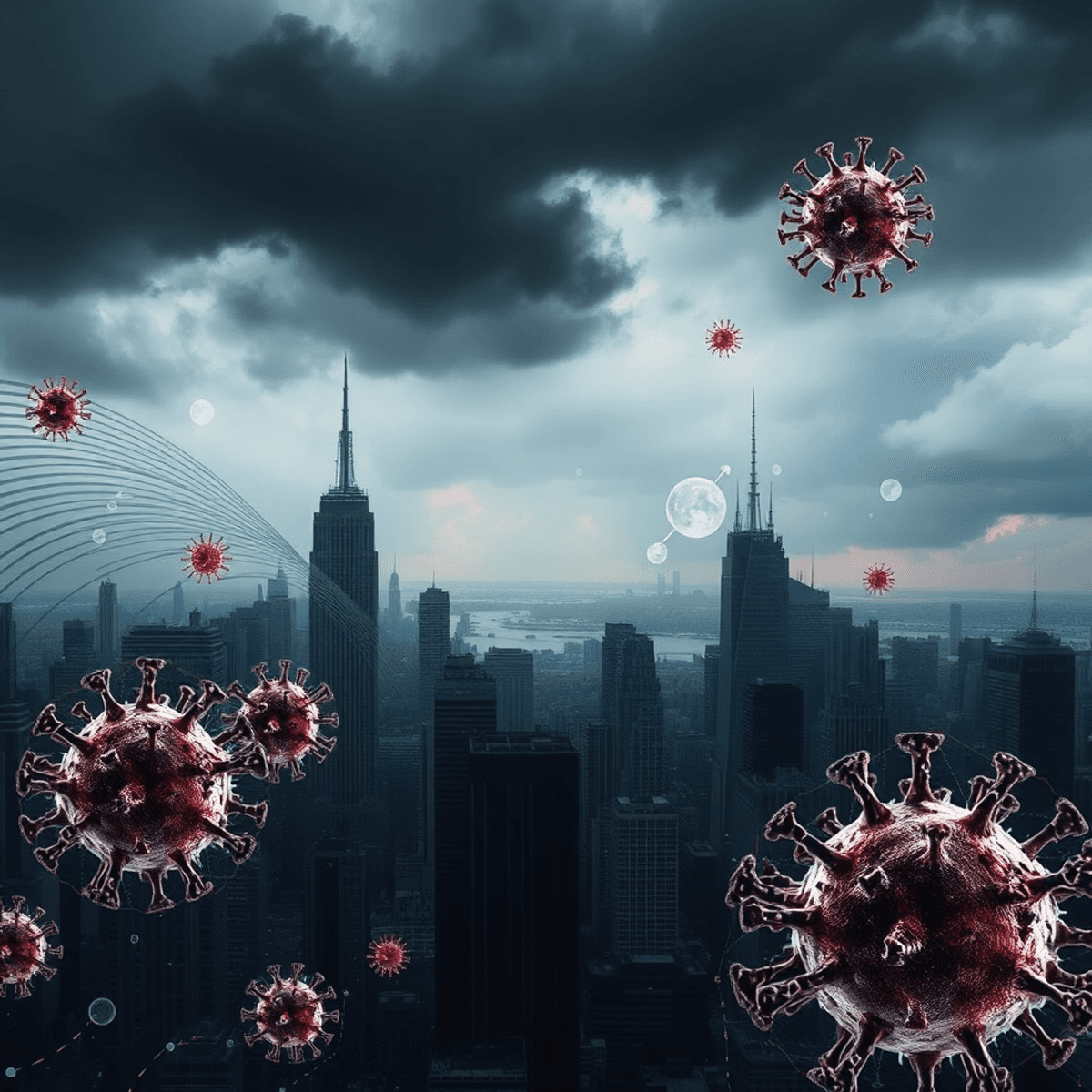 Dark cityscape with skyscrapers veiled by digital data streams and virus particles under a stormy sky, symbolizing media influence and global health challenges.