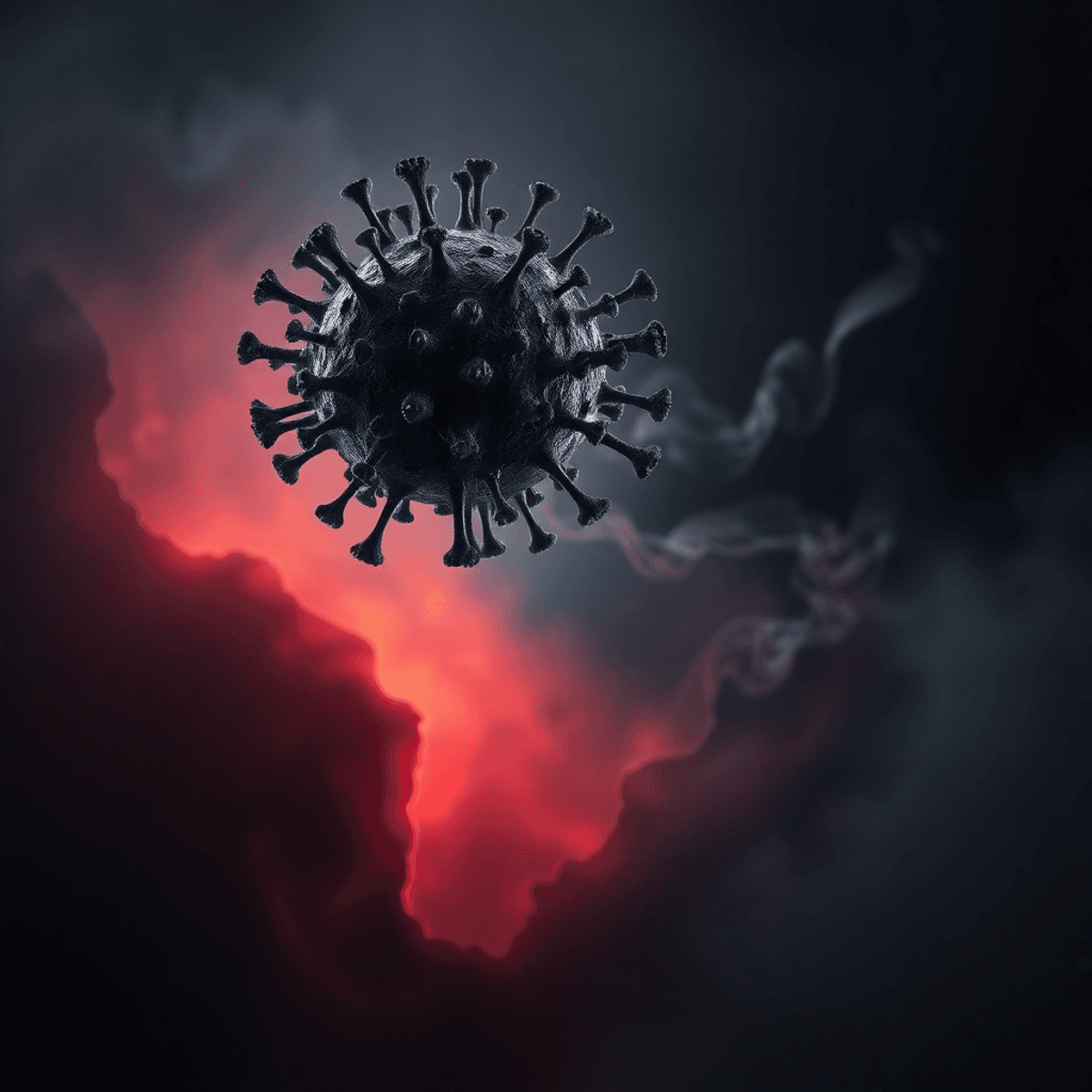 Dark virus particle hovers over Brazil map with swirling mist representing respiratory symptoms against a moody epidemic-themed background.