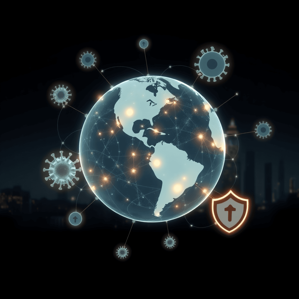 A translucent globe with glowing network lines, surrounded by medical symbols and shields, against a dark background with faint financial graphs and buildings.