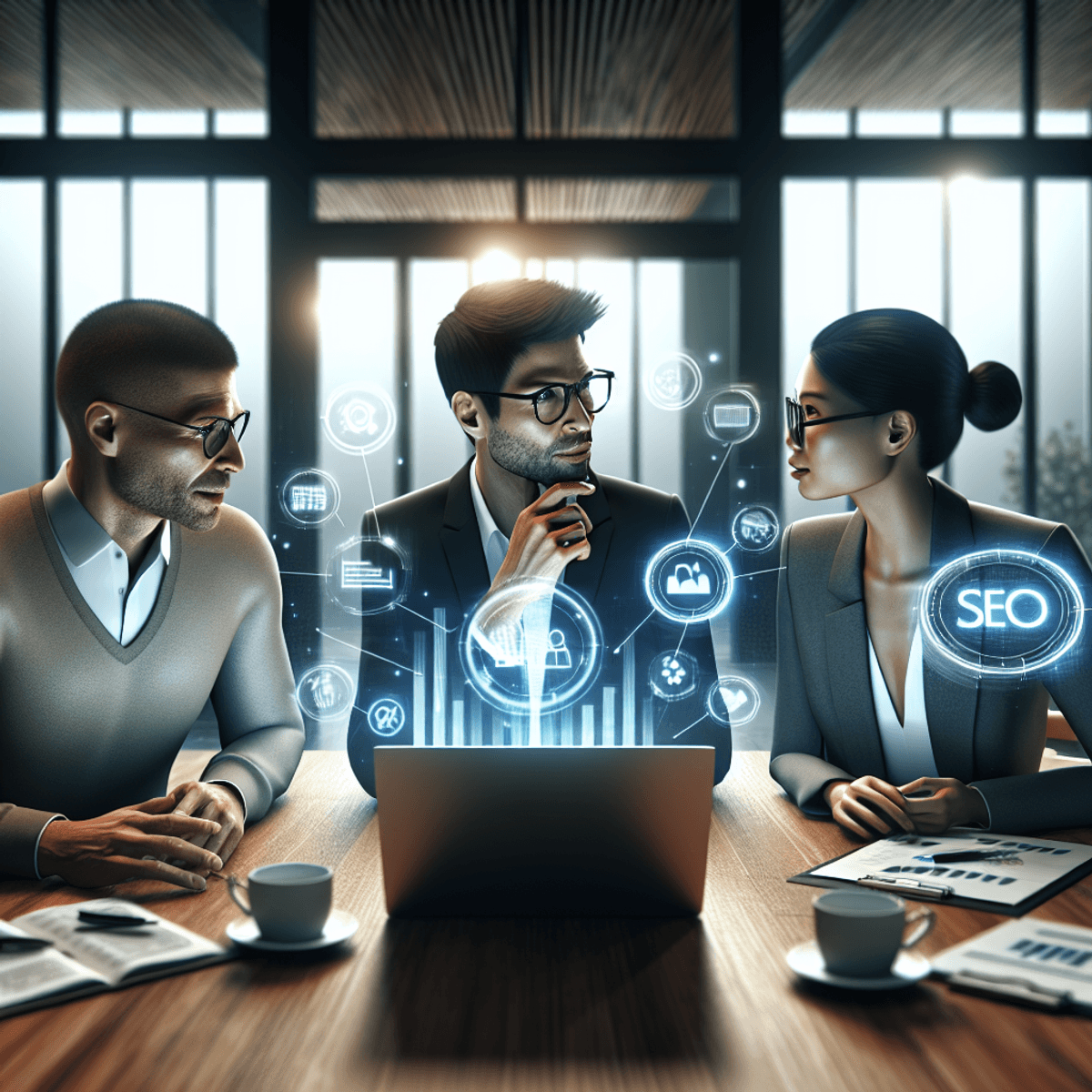 Three digital marketers of different descents—Caucasian, Hispanic, and Asian—are engaged in a lively discussion around a laptop in a modern office. The space is bright with natural light, featuring an open layout and contemporary decor. Holographic charts and graphs float from the laptop screen, showcasing SEO strategies without any legible text. The scene conveys teamwork, innovation, and expertise in digital marketing.