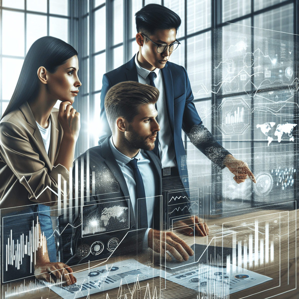 A modern workspace featuring three business professionals engaged in a focused discussion over financial investment strategies. The group includes a Caucasian woman with shoulder-length brown hair, an Asian man in a tailored suit, and a Hispanic man with short black hair. They are gathered around a sleek conference table, examining large screen displays filled with colorful graphs and charts that illustrate financial data. The office is bright and stylish, with contemporary furnishings and large windows allowing natural light to flood the room. The atmosphere conveys a sense of collaboration and concentration as the professionals share insights and ideas.