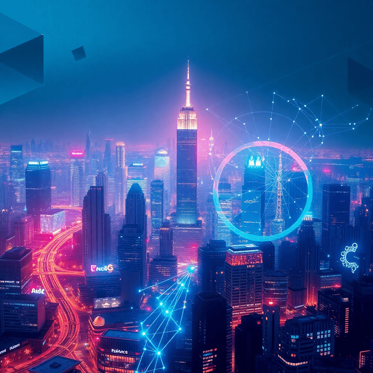 Futuristic cityscape with glowing digital light streams and AI neural network patterns, featuring abstract icons representing finance, healthcare, technology, and manufacturing.