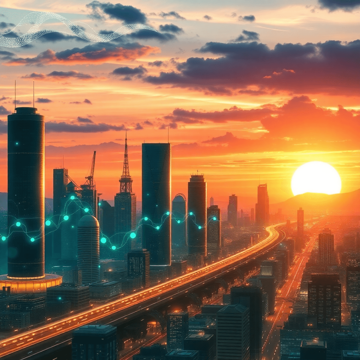 Futuristic cityscape at sunset with glowing AI circuits, data flows, turbines, and flames symbolizing tech innovation and economic growth.