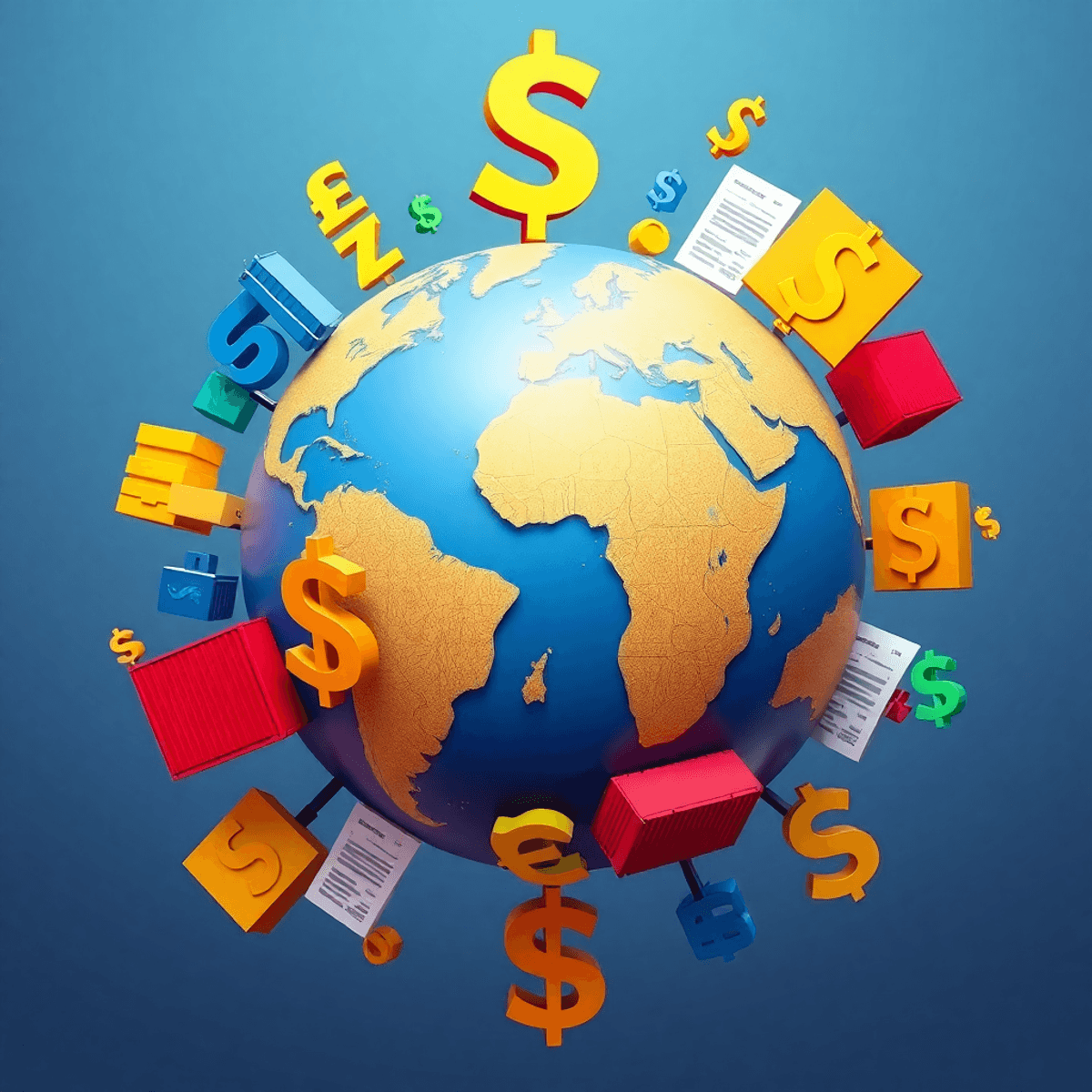 A vibrant globe surrounded by currency symbols, shipping containers, and tariff documents, illustrating global trade dynamics and economic connectivity.