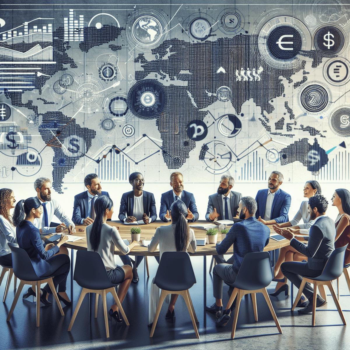 A diverse group of economists and policymakers, including Caucasian, Hispanic, Black, Middle-Eastern, South Asian, and white individuals, both men and women, engaged in a spirited discussionaround a large table. The background features chart-like designs and graphical data along with symbols of various world currencies. The setting conveys a sense of synergy and innovation related to Modern Monetary Theory and fiscal policy, with an authentic style that excludes any words or text.