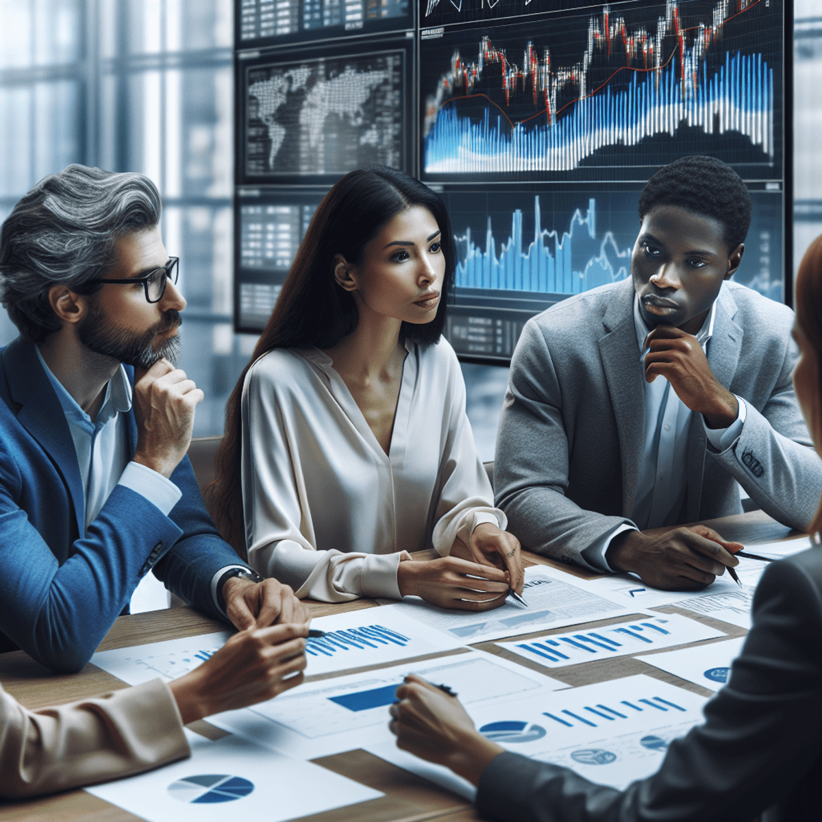 A Caucasian woman, a Hispanic man, and an Asian woman are seated around a table covered with financial charts and graphs. Their faces show concentration and engagement as they discuss economic trends related to inflation and interest rates. The modern office setting features large screens in the background displaying stock market symbols, creating a professional atmosphere without any legible text.