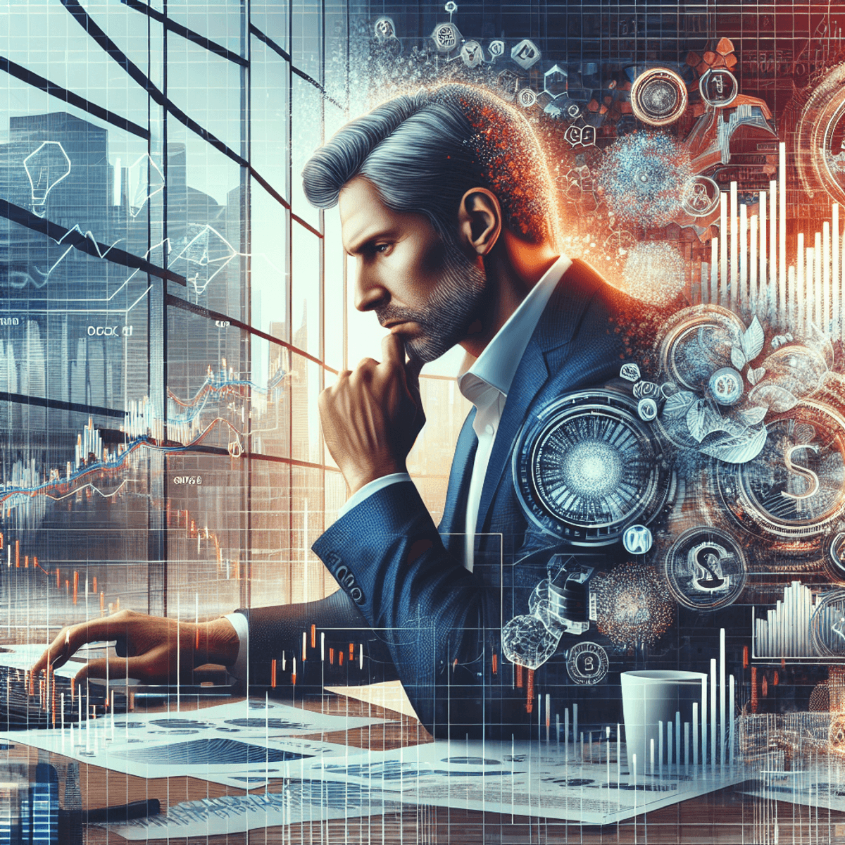 A middle-aged Caucasian man with a focused expression sits at a sleek modern desk, intently analyzing stock market data on his computer screen. Surrounding him are colorful financial graphs and scattered paperwork, illustrating his deep engagement in the study of investments. The contemporary office environment features symbolic decorations such as a miniature bull and bear, a compass, and a globe, all representing investment wisdom and global finance. The scene is vibrant and detailed, capturing the intricate world of finance in a realistic style.