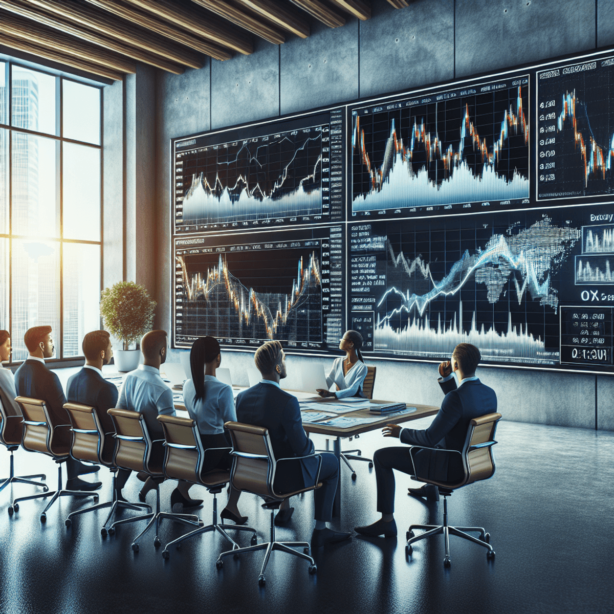 A diverse group of investors, including Caucasian and Hispanic men and women, intensely examines financial charts and graphs in a modern office setting. Multiple screens display pictorial representations of rising bond prices and interest rates, creating an atmosphere of focused strategizing and potential success in fixed-income investing.