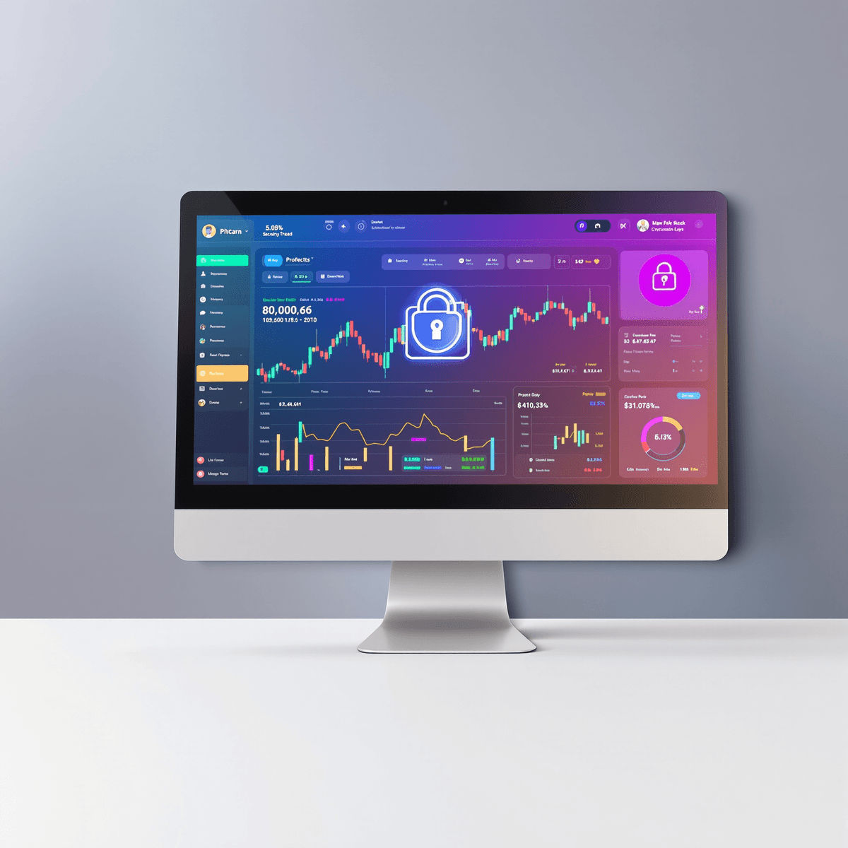 Computer screen displaying a modern digital trading platform with cryptocurrency charts, data, and security icons on a clean tech-inspired background.