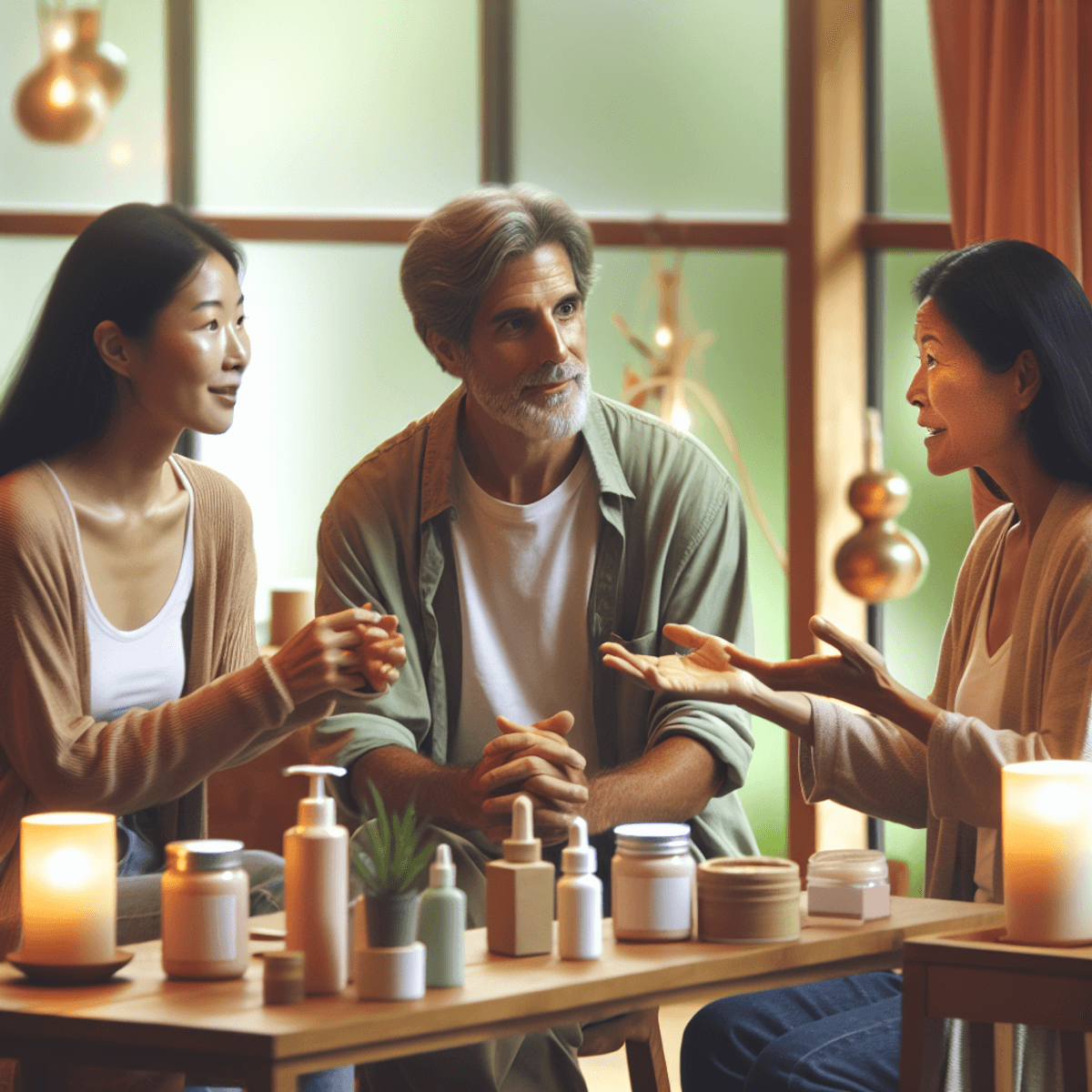 Become the Owner of Disha Arogya Dham Franchise 9 A cozy workshop space adorned with soothing colors and greenery, featuring an Asian woman, a Caucasian man, and a Hispanic woman in deep discussion. They are surrounded by natural skincare products and ingredients, such as essential oils and plants, while sharing insights on addressing skin issues like acne and eczema. The environment radiates warmth, community empowerment, and a focus on wellness.