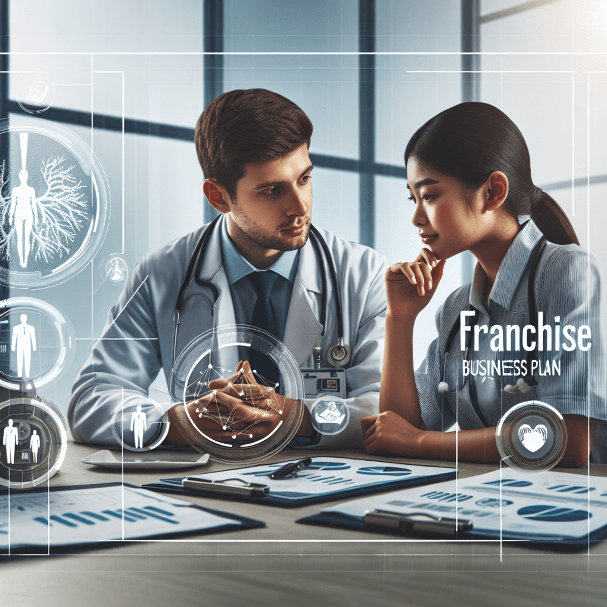 Become the Owner of Disha Arogya Dham Franchise 4 A Caucasian doctor and an Asian nurse engaged in a serious discussion about a franchise business plan, surrounded by visual symbols of business planning such as graphs and paperwork on a table, set in a modern healthcare facility. Their expressions convey focus and determination.