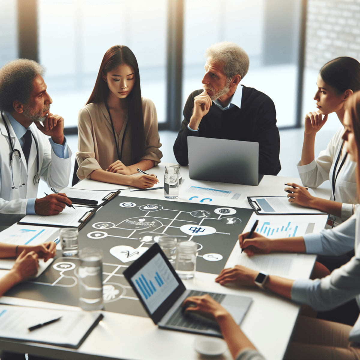 Become the Owner of Disha Arogya Dham Franchise 6 A diverse group of professionals, including a Caucasian woman and an Asian man, engaged in a collaborative training session around a table filled with laptops and notepads. They are animatedly discussing healthcare strategies, surrounded by symbolic elements like medical charts and stethoscopes. The bright, modern office setting enhances the atmosphere of professionalism and teamwork.