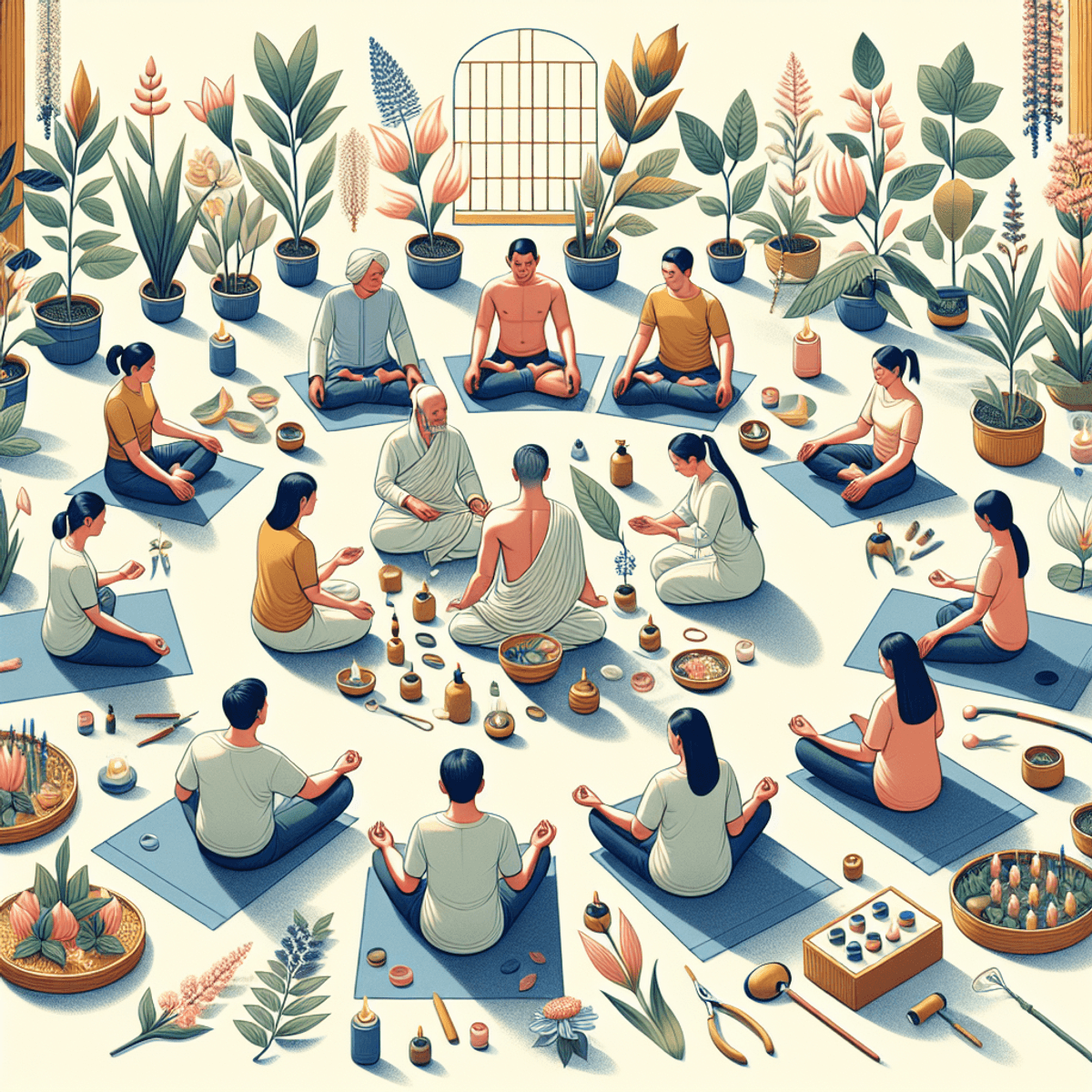 Become the Owner of Disha Arogya Dham Franchise 7 A serene wellness session at an Ayurvedic center, featuring a diverse group of individuals of Asian and Caucasian descent engaged in holistic rituals. The setting is surrounded by lush greenery, vibrant flowers, and natural elements that symbolize growth and health. Participants are practicing yoga, meditating, and enjoying herbal treatments, all embodying a peaceful atmosphere focused on physical and mental well-being. The image captures the essence of harmony and connection with nature in a realistic manner.