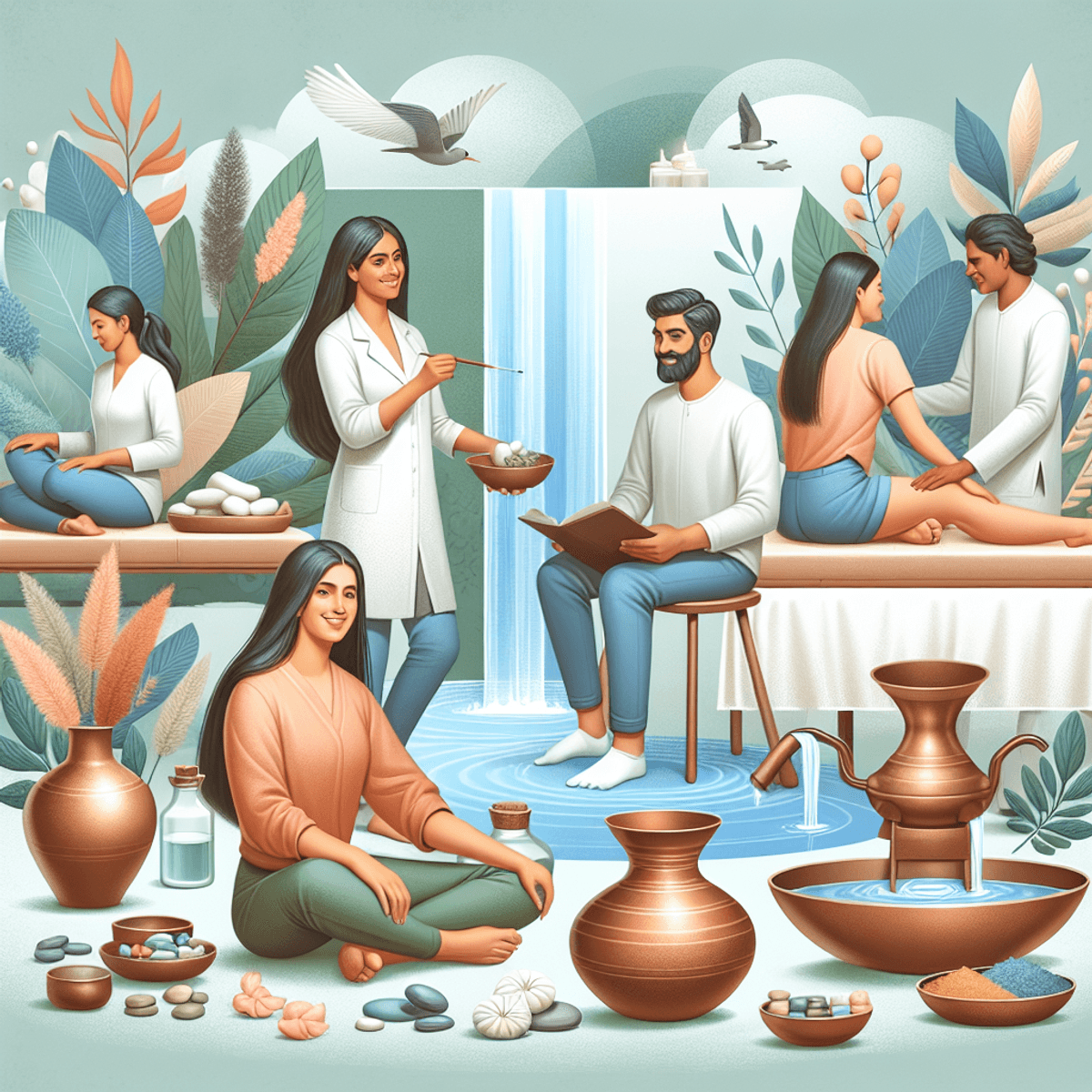 Become the Owner of Disha Arogya Dham Franchise 11 A serene Ayurvedic clinic featuring a Caucasian woman, a Hispanic man, and an Asian person engaged in holistic health consultations. The room is adorned with lush green plants and the gentle sound of flowing water in the background. Herbal remedies are neatly arranged on shelves, alongside traditional Ayurvedic tools like a stirrup jar, copper bowls, and a massage table. The atmosphere radiates community care and wellness, highlighting the diverse individuals sharing their holistic health journeys.