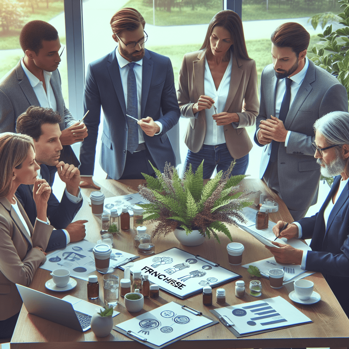 Become the Owner of Disha Arogya Dham Franchise 2 A diverse group of business professionals, including Caucasian and Hispanic individuals, engaged in a serious discussion in a modern office setting. The scene is filled with greenery from potted plants and herbal products displayed on a table, emphasizing a focus on health and wellness. The individuals are dressed in business attire, actively exchanging ideas while surrounded by a bright, contemporary workspace.