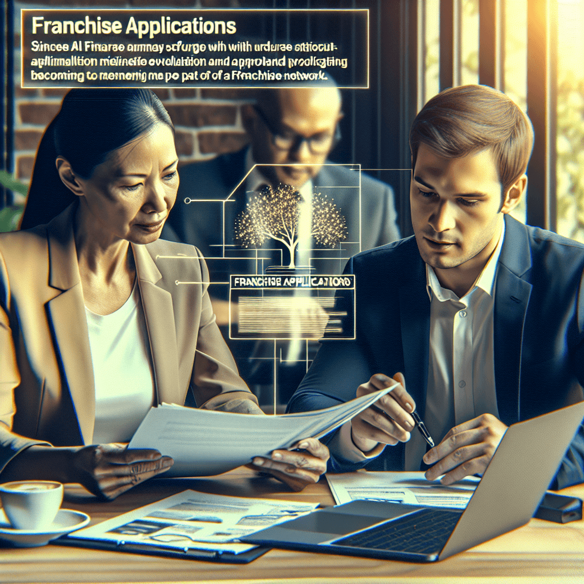 Become the Owner of Disha Arogya Dham Franchise 5 A Caucasian woman and an Asian man in business attire are seated at a modern conference table in a contemporary office setting. They are deeply engaged in discussion, leaning over a laptop and various documents spread out in front of them. The woman is pointing to a document while the man is taking notes, both displaying expressions of focus and determination. The office is well-lit, featuring sleek furniture, large windows with a city view, and potted plants, creating an atmosphere of professionalism and collaboration.