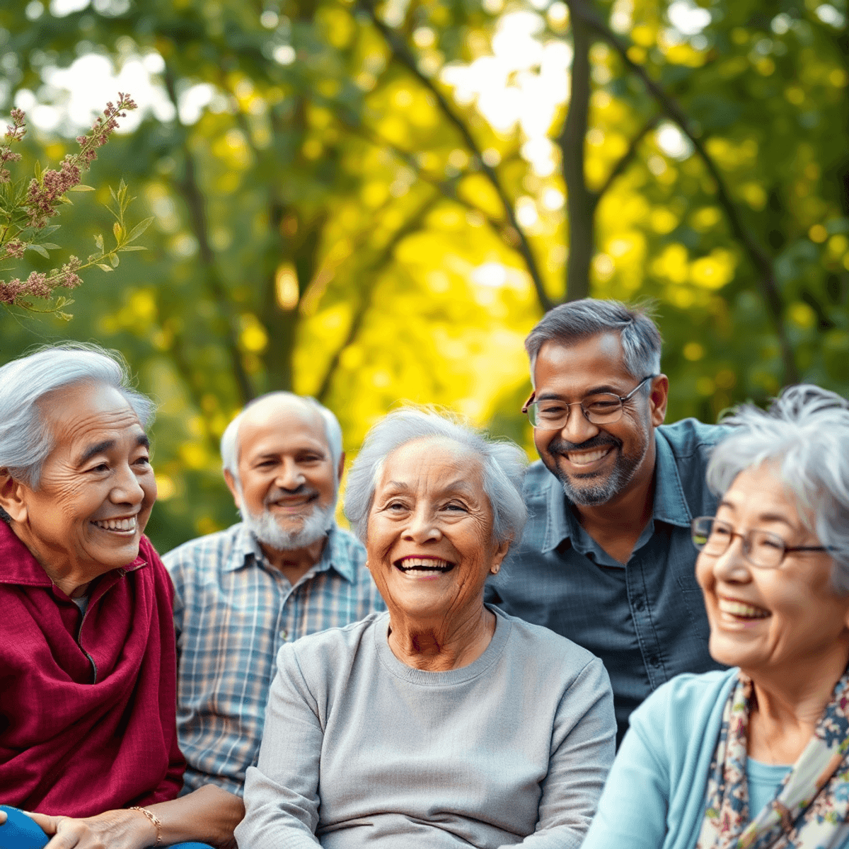 DAD Is Engaged In Solving The Problems Of Elderly 2 एक सुखदायक दृश्य जिसमें बुजुर्ग लोग विभिन्न स्वास्थ्य गतिविधियों में व्यस्त हैं, प्राकृतिक सेटिंग में हंसते हुए। पृष्ठभूमि में आयुर्वेदिक पौधे और सूरज की हल्की रोशनी।