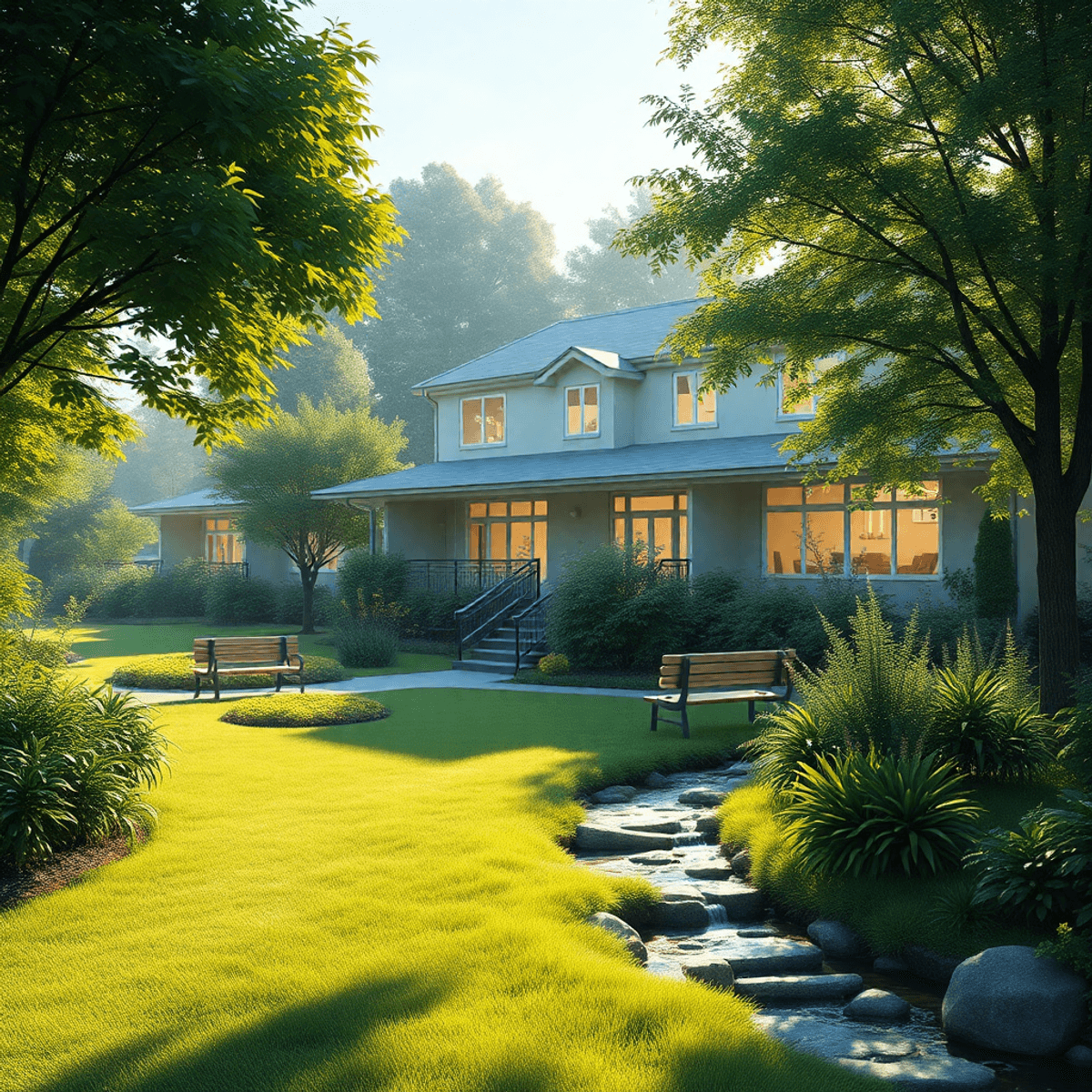 DAD Is Engaged In Solving The Problems Of Elderly 3 एक शांतिपूर्ण स्वास्थ्य सेवा केंद्र, हरे-भरे पेड़ों के बीच, बेंचों के साथ एक आरामदायक बगीचा, धीरे-धीरे बहता हुआ एक नाला और पेड़ों से छनकर आती हल्की धूप।